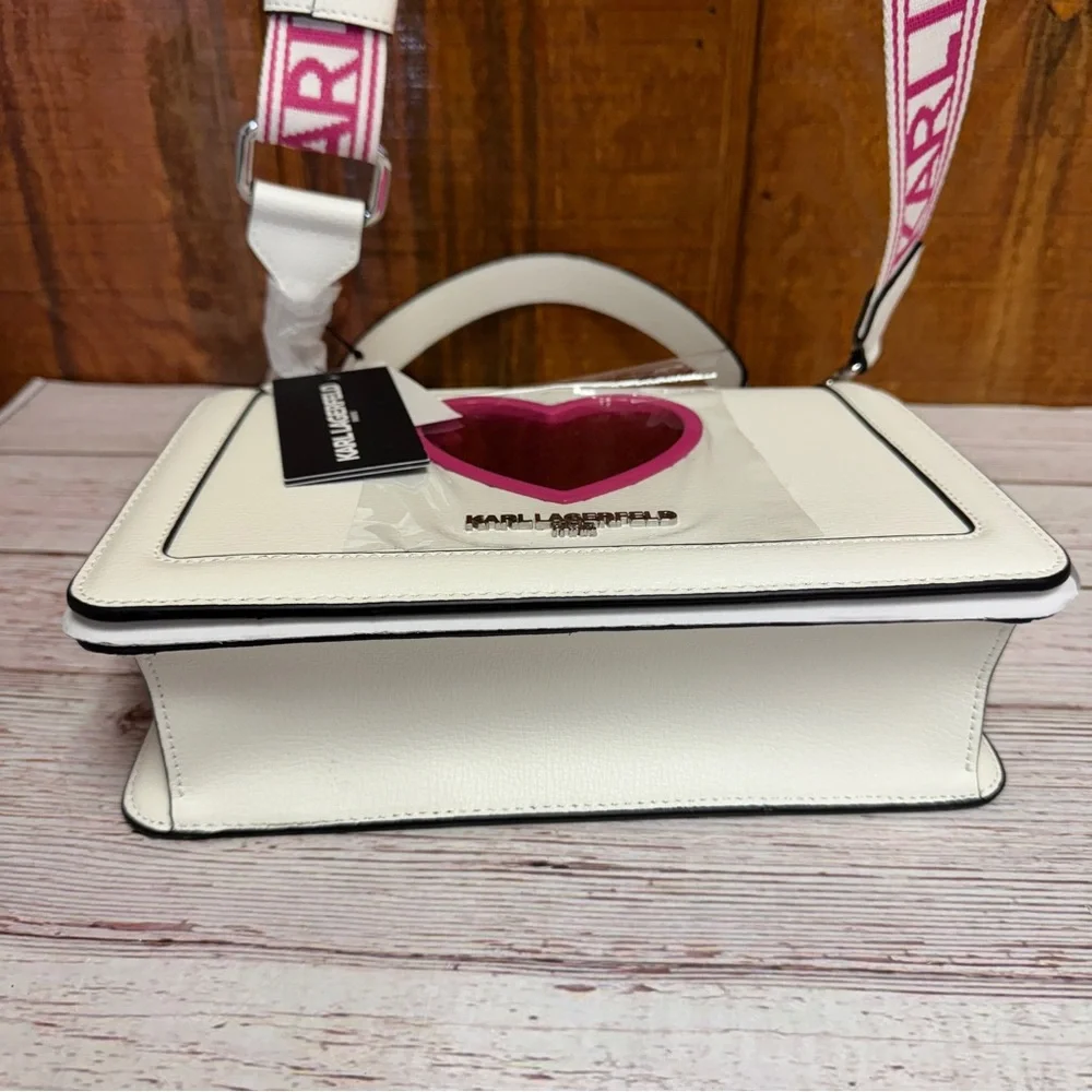 KARL LAGERFELD PARIS Simone Heart Flap Leather Crossbody - White/Cactus Pink - Picture 3 of 5